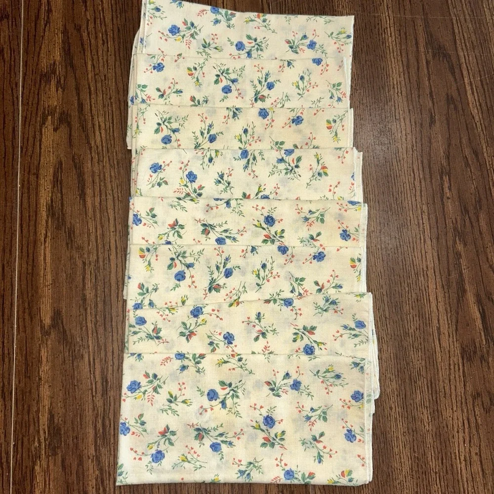 Vintage Floral Cloth Napkins Set Of 8 Blue Rose Country Table Cottage Decor